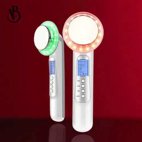 "Two ultrasonic body sculpting devices with circular LED lights, one green and one red, featuring digital displays and button