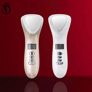 "Two LED light therapy facial devices, one gold and one white, featuring buttons and a digital display, set against a red bac