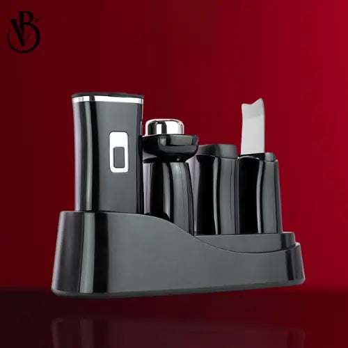 "Black 4-in-1 facial skincare device with multiple attachments, displayed on a sleek stand against a red background."