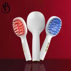 "Three LED hair combs in white, featuring red and blue light settings, with gold buttons, against a red background."