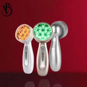 "Three LED light therapy facial devices: white, gold, and silver with circular heads and control buttons, against a red backg