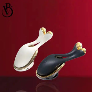 White and black RF facial devices for skin lifting, featuring a sleek design with gold accents, on a red background.
