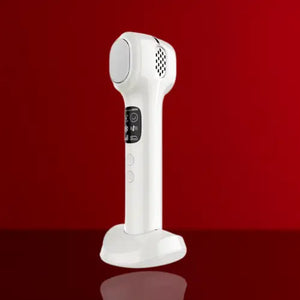 White dual-head RF facial device with a curved handle, buttons on the front, and a textured top, set against a red background