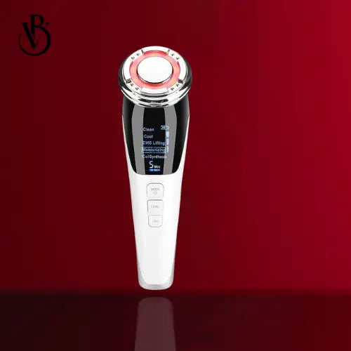 "White EMS skin tightening device with silver accents, circular red treatment head, and digital display on a red background."