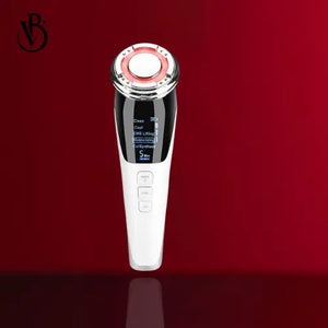 "White EMS skin tightening device with silver accents, circular red treatment head, and digital display on a red background."