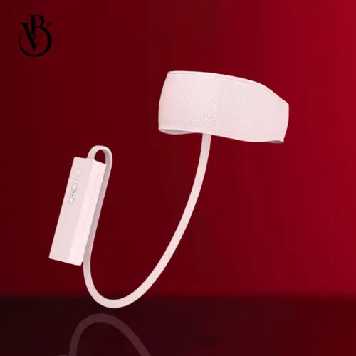 White electric head massager belt with air compression and heat features, curved design and control panel on the side.