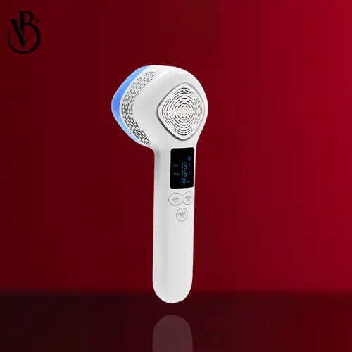 White hot and cold facial therapy tool with a circular head, digital display, and control buttons, against a red background.