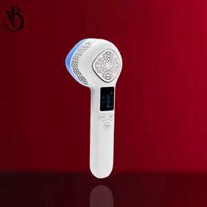 White hot and cold facial therapy tool with a circular head, digital display, and control buttons, against a red background.