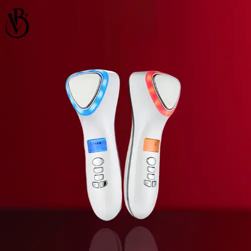 "White LED light therapy facial device with blue and red lights, buttons on the side, against a red background."