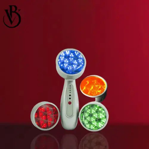 "White LED light therapy device with interchangeable colored heads, featuring control buttons, against a red background."