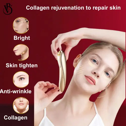 "Gold handheld device with curved design, featuring a power button, held by a model near her eye against a red background."