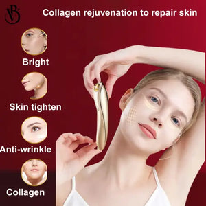 "Gold handheld device with curved design, featuring a power button, held by a model near her eye against a red background."