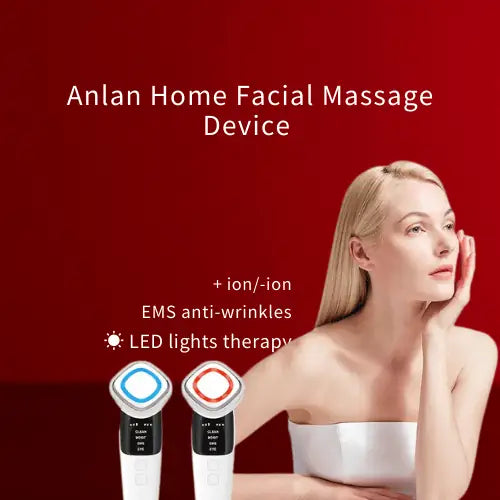 "White facial cleansing device with blue and red accents, displayed next to a model with long blonde hair on a red background