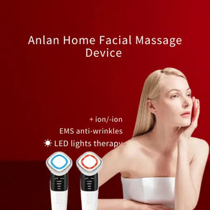 "White facial cleansing device with blue and red accents, displayed next to a model with long blonde hair on a red background