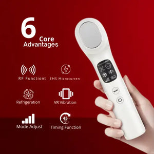"White dual-head RF facial device with a glossy finish, control panel, and ergonomic grip, set against a red background."