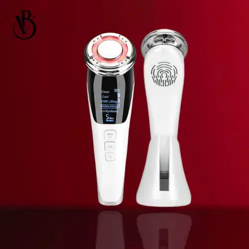 "White EMS skin tightening device with silver accents, LED screen, and control buttons, displayed on a red background."