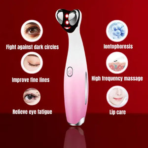 "Beautivana RF Eye Massager in pink and white, featuring a curved head with red LED lights and control button, on a red backg