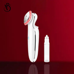 "White skin tightening device with a curved handle, red LED lights on the head, and a small clear serum bottle beside it."