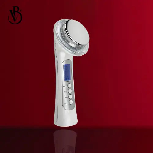 "Silver ultrasonic body sculpting device with a circular head, digital display, and control buttons, set against a red backgr