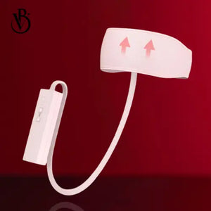 White electric head massager belt with air compression and heat, featuring a control panel and upward arrow indicators.