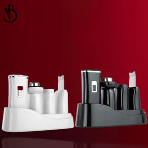 "4-in-1 facial skincare device in black and white, with multiple attachments on a curved base, against a red background."
