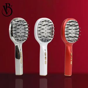 Three LED hair combs in chrome, white, and red, each with a rounded head and multiple bristles, set against a dark red backgr