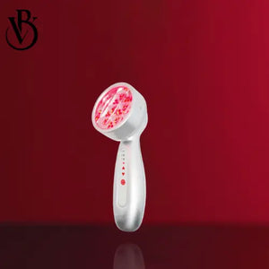 "White LED light therapy facial device with a circular red light head and control buttons, set against a red background."