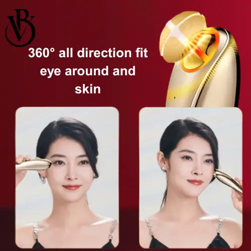 "Gold and silver eye rejuvenation device being held by a woman, with a smooth, ergonomic design and a glowing tip."