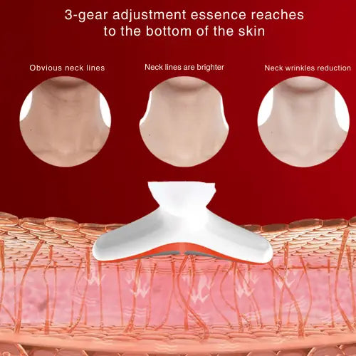 "White EMS neck lifting device with three adjustment gears, shown with illustrations of skin improvement effects."