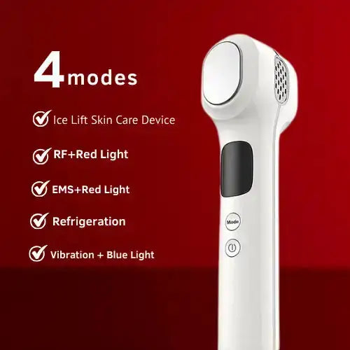 "White dual-head RF facial device with a smooth handle, buttons, and a speaker grid, set against a red background."
