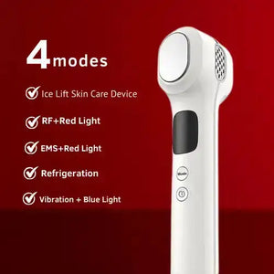 "White dual-head RF facial device with a smooth handle, buttons, and a speaker grid, set against a red background."