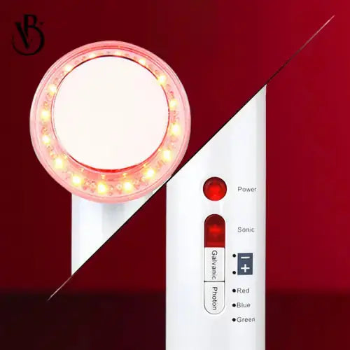 "White ultrasonic EMS body sculpting device with a circular red light head and control buttons on the handle."