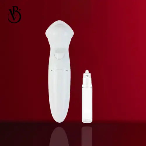 White skin tightening device with a curved shape, accompanied by a small clear serum bottle, both on a red background.