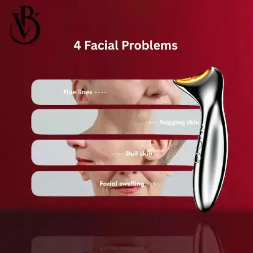 "Silver neck firming device with an ergonomic handle and orange LED light, displayed against a red background."