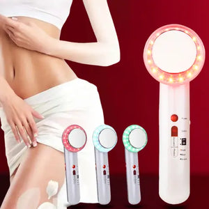 "Beautivana 7-in-1 Ultrasonic EMS body sculpting device with a circular head, LED lights, and control buttons, displayed besi