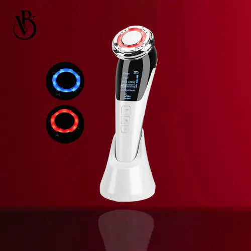 "EMS skin tightening device in white and black with a circular LED display and buttons, resting in a charging stand."