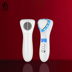 White LED light therapy device with a curved design, blue accent, control buttons, and a textured area for heat distribution.