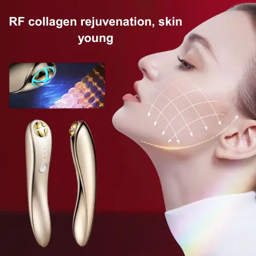 "Gold and white RF eye rejuvenation device with curved design, displayed next to a woman's profile showing facial treatment."