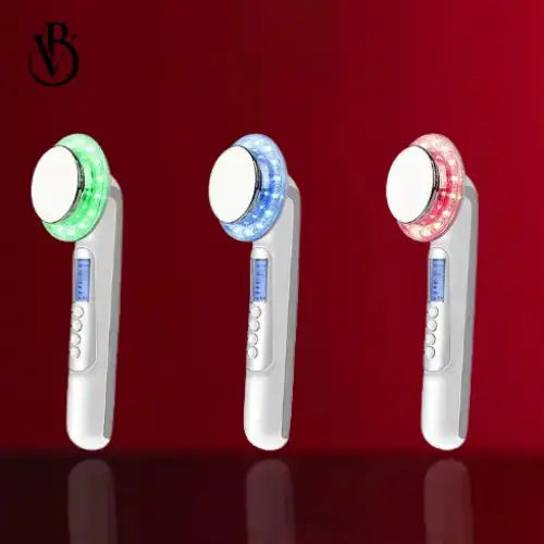 "Three Beautivana 5-in-1 ultrasonic body sculpting devices in white, with LED lights: green, blue, and red, on a red backgrou