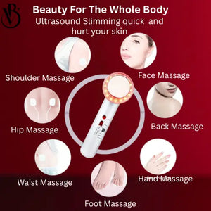 "White ultrasonic body sculpting device with circular light, surrounded by text for various massage functions, on red backgro