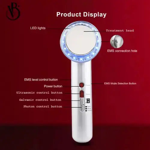 "Silver ultrasonic body sculpting device with a circular treatment head, LED lights, and control buttons on the handle."
