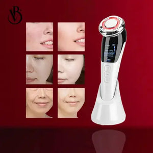 "White EMS skin tightening device with a circular silver head and black accents, displayed against a deep red background."