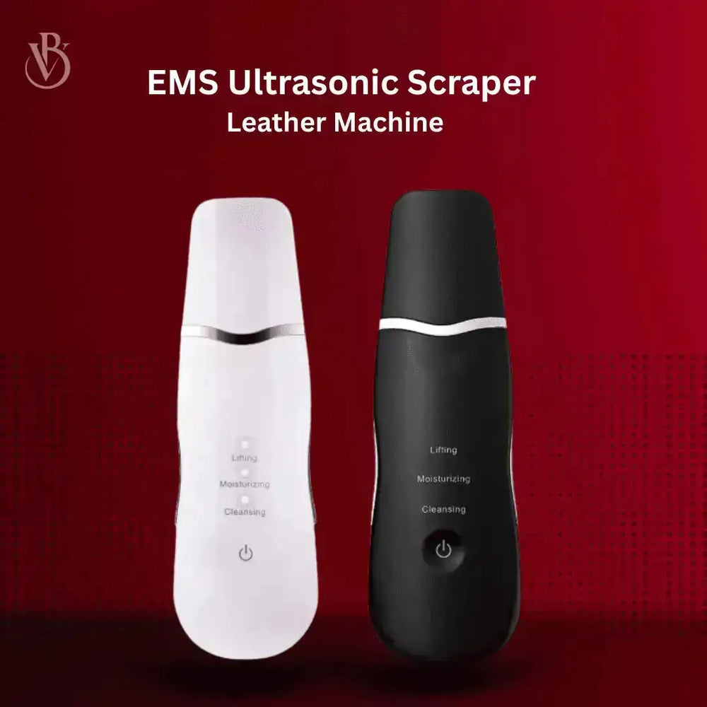 "White and black ultrasonic skin scrubber with buttons for lifting, moisturizing, and cleansing, on a red background."