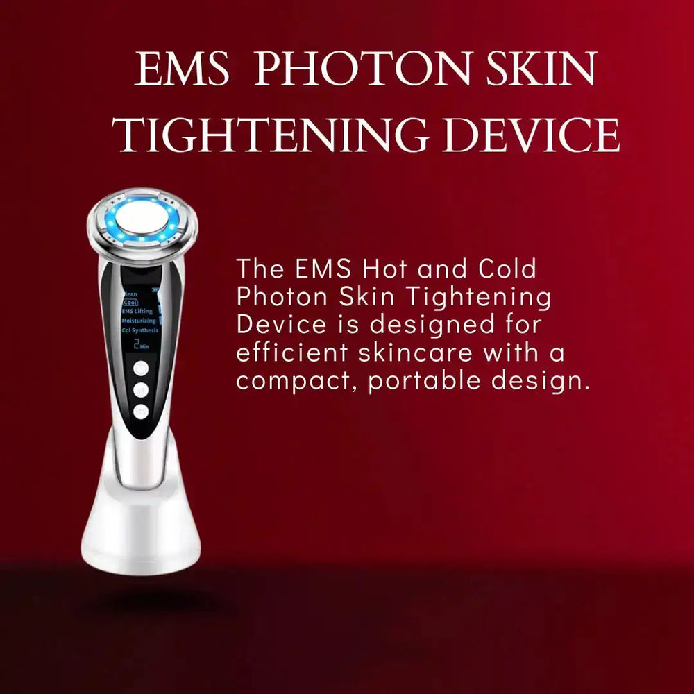 "Silver EMS Hot & Cold Photon Facial Device with blue LED light and digital display on a white base, front view."