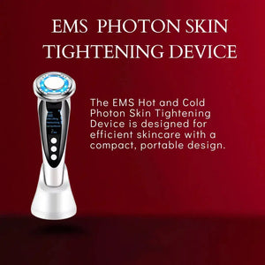 "Silver EMS Hot & Cold Photon Facial Device with blue LED light and digital display on a white base, front view."