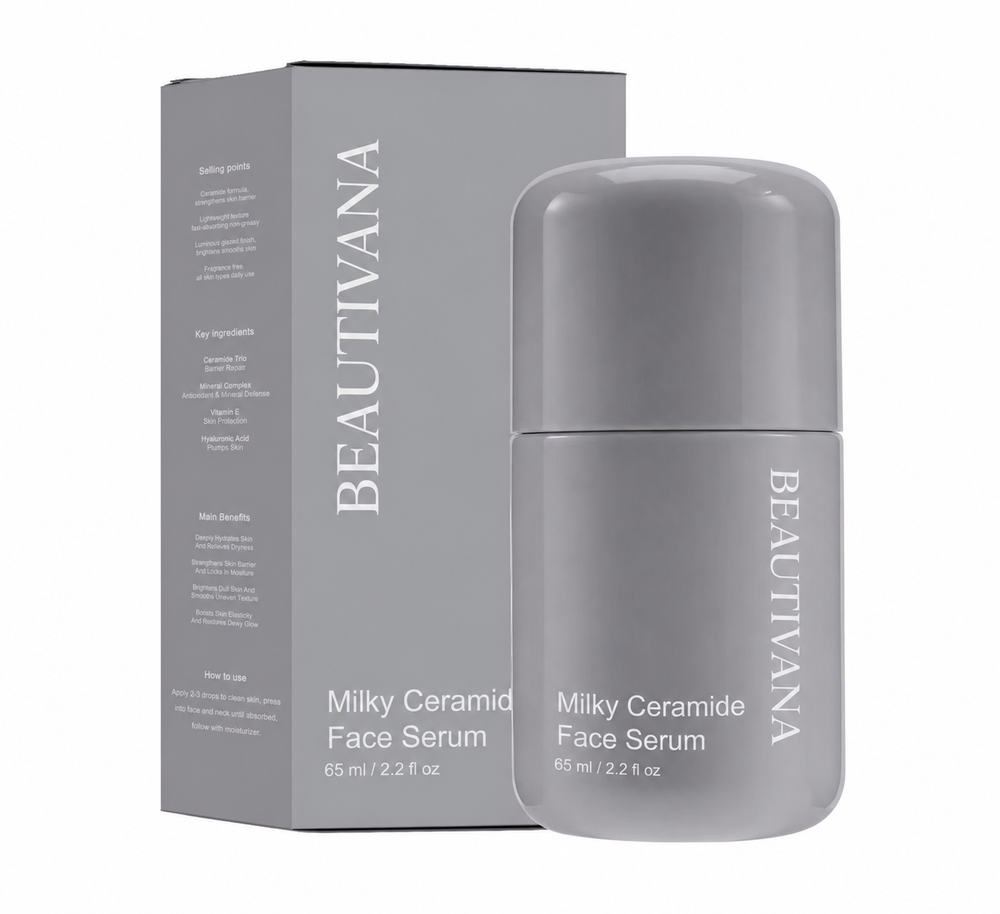 Beautivana ceramide face serum in a gray bottle with packaging, designed for moisturizing and brightening skin.