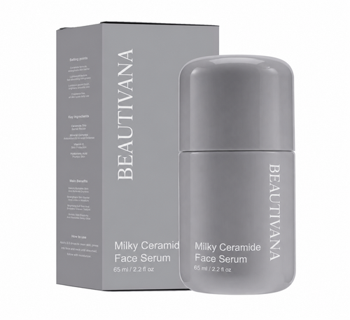 Beautivana ceramide face serum in a gray bottle with packaging, designed for moisturizing and brightening skin.
