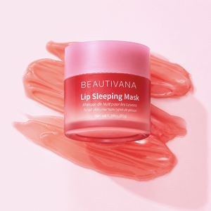 Beautivana Moisturizing Lip Sleeping Mask for dry lips in jar with pink texture on surface, 20g.