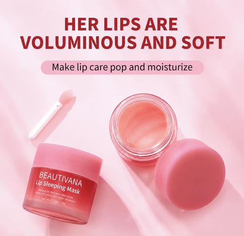 Beautivana Lip Sleeping Mask for dry lips on a pink background with a lip applicator.