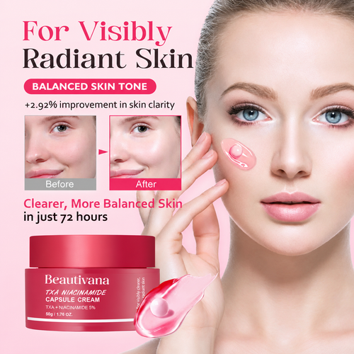 Beauty ad for Beautivana TKA Niacinamide Capsule Cream showing a woman with radiant skin, before-and-after face comparison photos, a pink cream jar, and a pink gel swatch on a light pink background with promotional text.